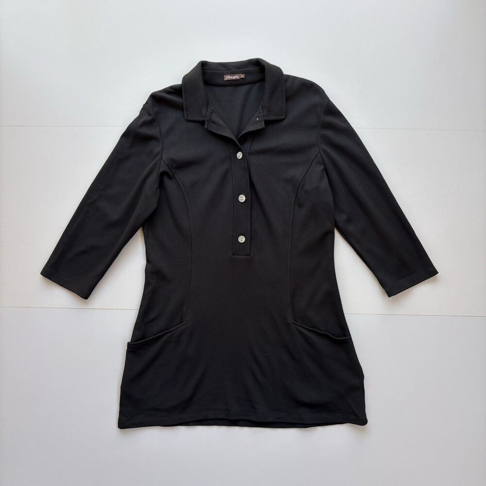 J McLaughlin Women Medium Tunic Top Black Jersey Knit Pockets Button 3/4 Sleeve